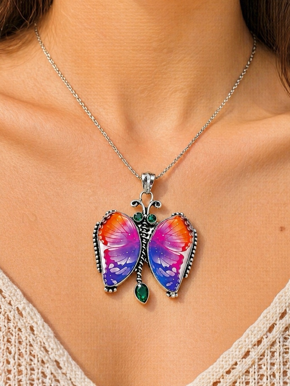 Fancy Dichroic Glass & Green Quartz Butterfly 2.3” Necklace Pendant